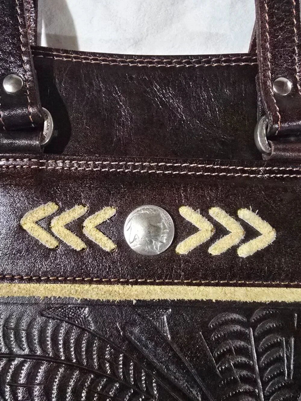 American West Brown Tooled Leather Shoulder Bag Vintage Buffalo Nickel Accent